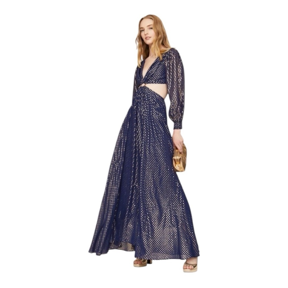 DELFI Cerise Gown Maxi Dress Waist Cutout in Blue Gold Silk Chiffon Size Large - Picture 2 of 13